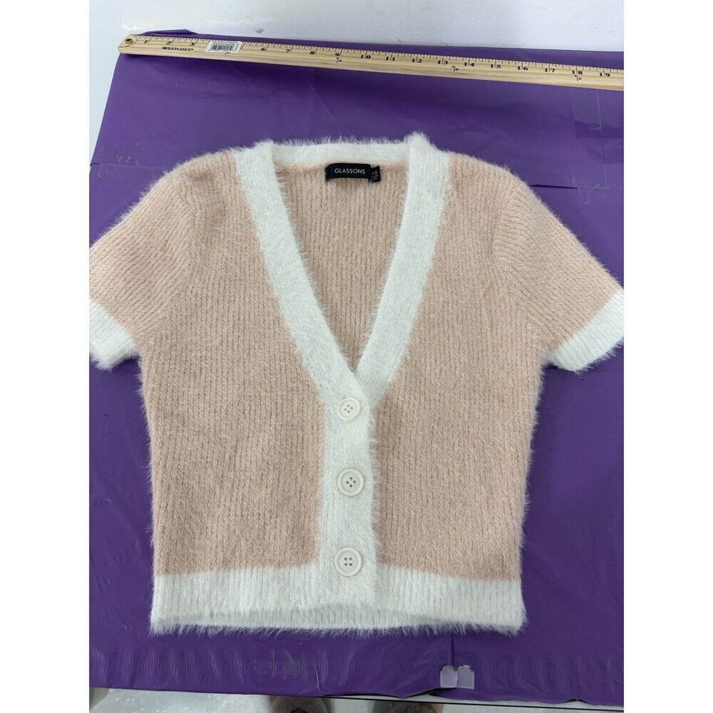 Glassons Size S‎ Pink / White Short Sleeve Cropped Cardigan